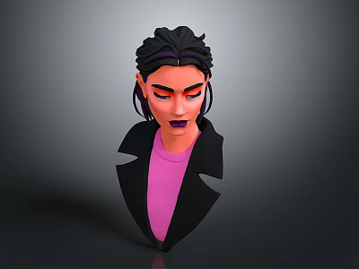 Stylized 3D Character Portrait With Black Hair Purple Streaks Black Coat And Pink Shirt 3d model