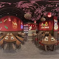 Traditional Hotpot Restaurant Interior With Red Walls Pink Cherry Blossom Decor And Chinese Style Tables