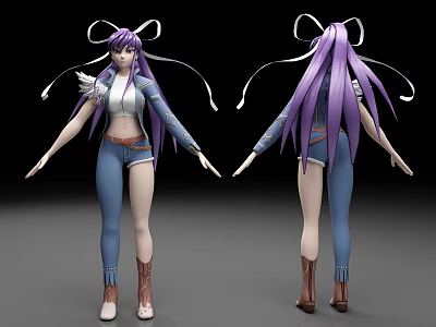 3D Character Model With Purple Hair Double Buns White Top Blue Jeans Front Back Views 3d model