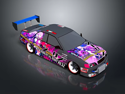 Modified Race Car Featuring Vibrant Colorful Graphics And Blue Rear Spoiler 3d model