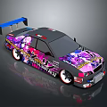 Modified Race Car Featuring Vibrant Colorful Graphics And Blue Rear Spoiler