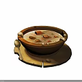 Warm Wooden Bowl of Creamy Soup with Tender Meat Cubes and Fresh Herbs