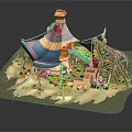 Cartoon Scene With Blue And Yellow Tent Wooden Structure Gear Decorations On White Base