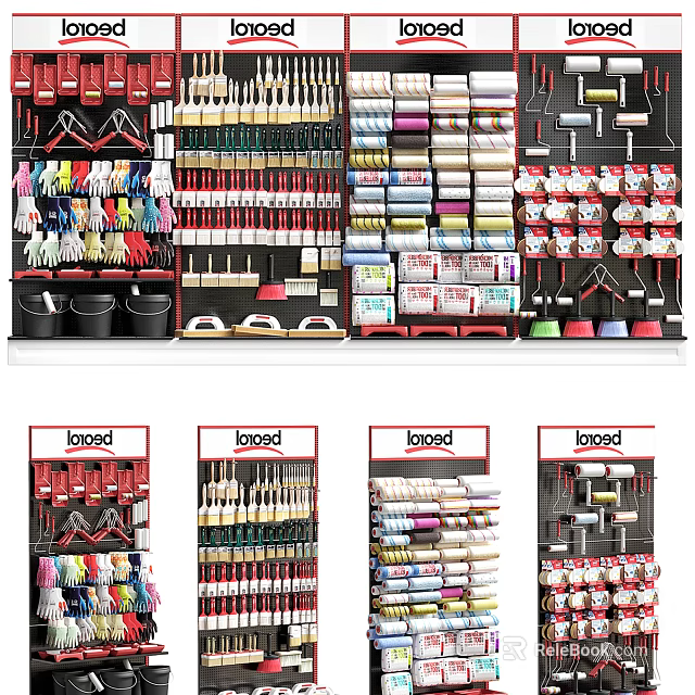 Various Hardware Tools Organized on Wall Shelves Including Brushes Buckets Clamps and Screwdrivers 3d model 