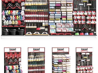 Various Hardware Tools Organized on Wall Shelves Including Brushes Buckets Clamps and Screwdrivers 3d model