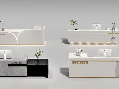 Modern Reception Desk Design With White Marble Countertop Greenery And Computer Equipment 3d model