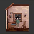 Miniature Indoor Bedroom Scene With Little Boy Doll Bed Window And Brick Wall