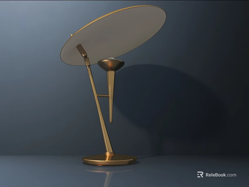 Unique Modern Brass Table Lamp with Circular Shade Sleek Stand and Dark Background Shadow 3d model 