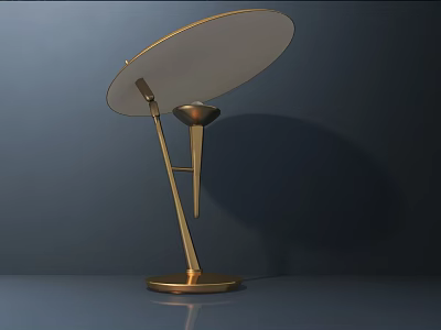 Unique Modern Brass Table Lamp with Circular Shade Sleek Stand and Dark Background Shadow 3d model