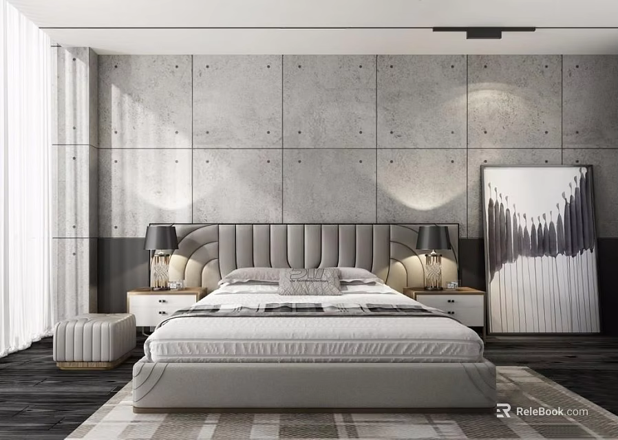 Modern Double Bed With Upholstered Headboard Gray Accent Wall Nightstands Table Lamps And Decorative Painting 3d model 