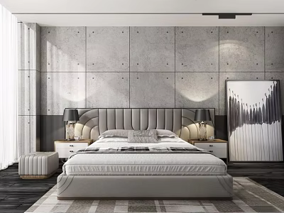 Modern Double Bed With Upholstered Headboard Gray Accent Wall Nightstands Table Lamps And Decorative Painting 3d model