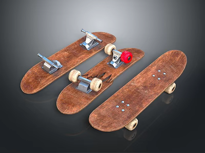 Three Wooden Skateboards With Worn Surfaces Metal Trucks And Wheels 3d model