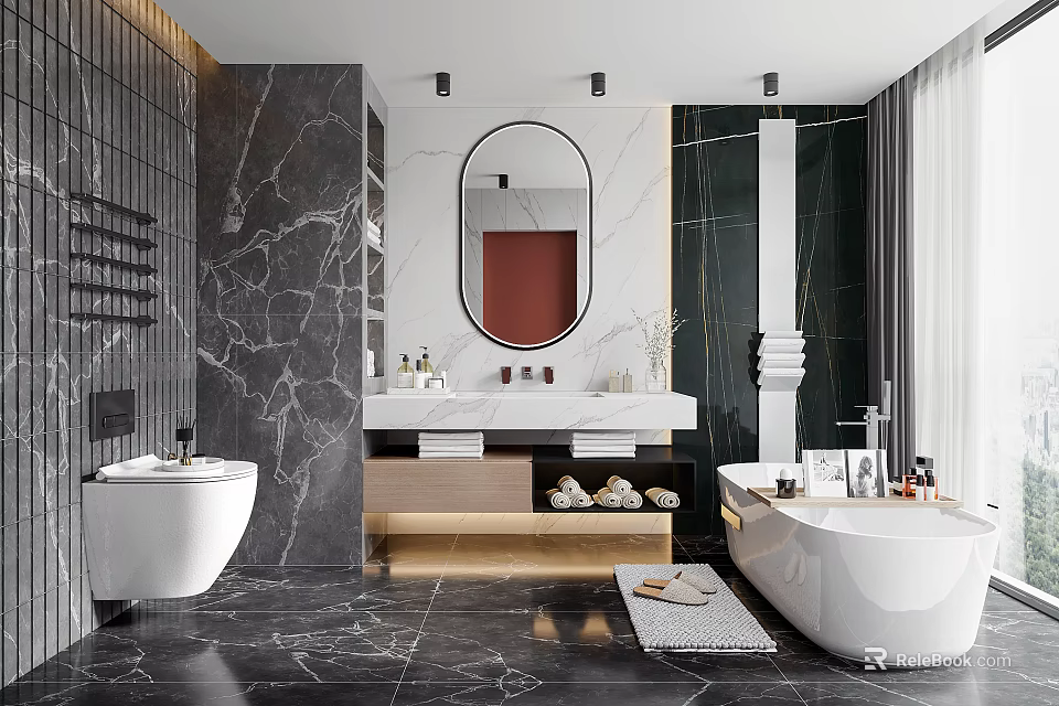Modern Bathroom Interior With Marble Walls Vanity Mirror And Freestanding Bathtub 3d model 