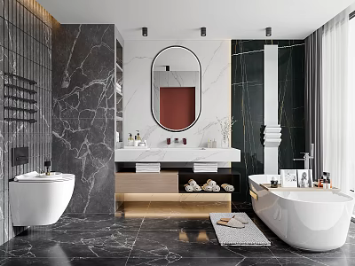 Modern Bathroom Interior With Marble Walls Vanity Mirror And Freestanding Bathtub 3d model