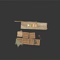 Wooden Storage Crates Stacked With Planks Hand Cart And Canvas Cover
