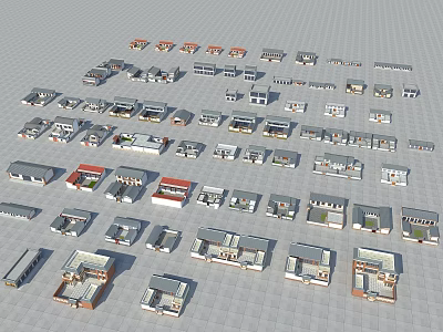 Various House Models In Different Architectural Styles Arranged On Grid Background 3d model