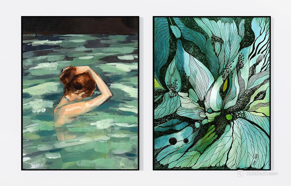 Abstract Artwork With Water Scene Figure And Green Blue Plant Illustrations 3d model 