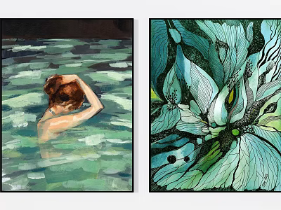Abstract Artwork With Water Scene Figure And Green Blue Plant Illustrations 3d model