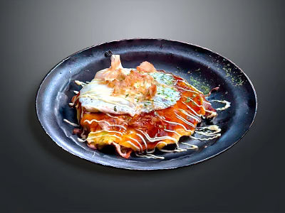 Japanese Style Omurice Topped With Fried Egg Drizzled With Sauce On Black Plate 3d model
