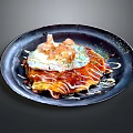 Japanese Style Omurice Topped With Fried Egg Drizzled With Sauce On Black Plate