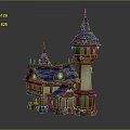 Fairy Tale Cartoon Style Castle Scene With Blue Roofs Spires Lit Windows And Stone Base