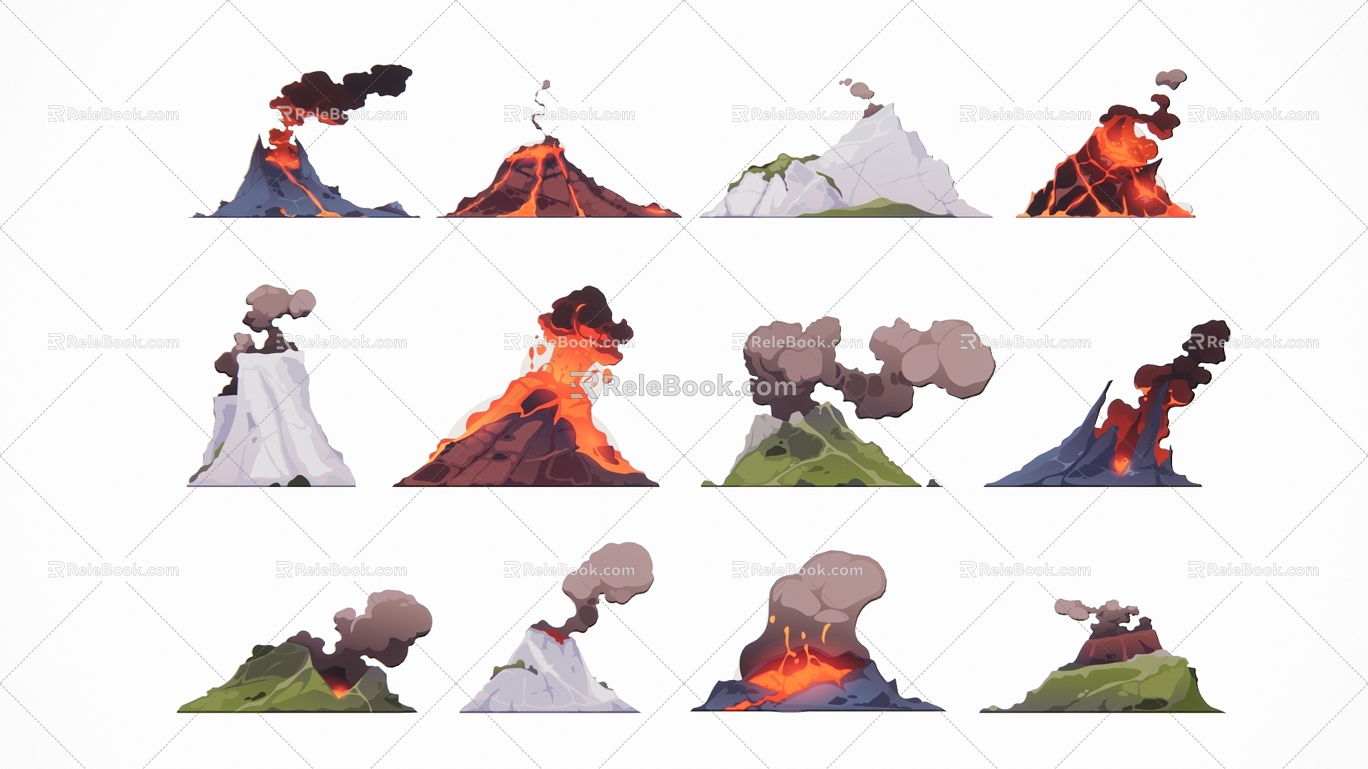 Modern 2D Volcanic Eruption Smoky Magma Scene Silhouette 3d model