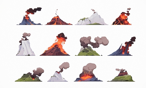 Modern 2D Volcanic Eruption Smoky Magma Scene Silhouette 3d model