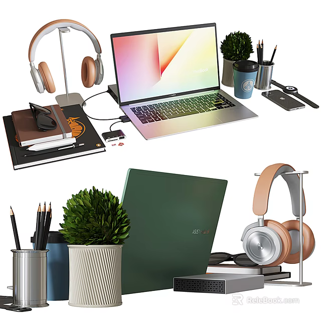 Sleek Modern Laptop Desk Setup With Wireless Headphones Books Stationery And Green Potted Plant 3d model 