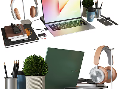 Sleek Modern Laptop Desk Setup With Wireless Headphones Books Stationery And Green Potted Plant 3d model
