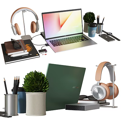Sleek Modern Laptop Desk Setup With Wireless Headphones Books Stationery And Green Potted Plant 3d model
