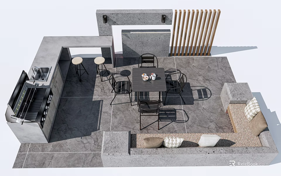 Outdoor Patio Dining Table And Chairs Set With Bar Stools And Stone Floor 3d model 