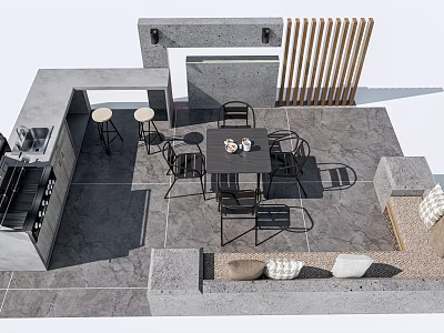 Outdoor Patio Dining Table And Chairs Set With Bar Stools And Stone Floor 3d model