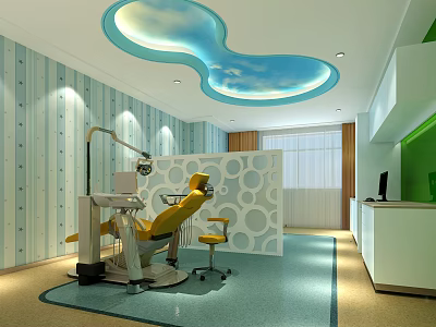 Dental Clinic Interior With Yellow Treatment Chair Cloud Ceiling And Striped Walls 3d model
