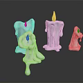 White Candles With Melting Wax And Yellow Flames On Black Background Reflections