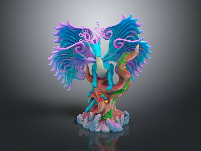 Colorful Winged Dragon Mythical Creature Sculpture On Intricate Tree Base 3d model