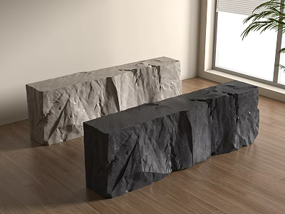 Long Stone Reception Desks In Different Colors On Wooden Floor With Window And Green Plant 3d model