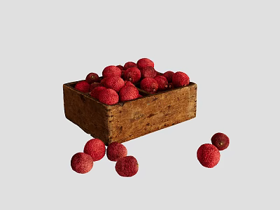 Ceramic Vessel Filled with Fresh Red Lychees and Scattered Fruits Around 3d model