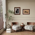 Wooden Accent Chairs With Patterned Cushions Side Table Green Plant Framed Artworks Books Near Window