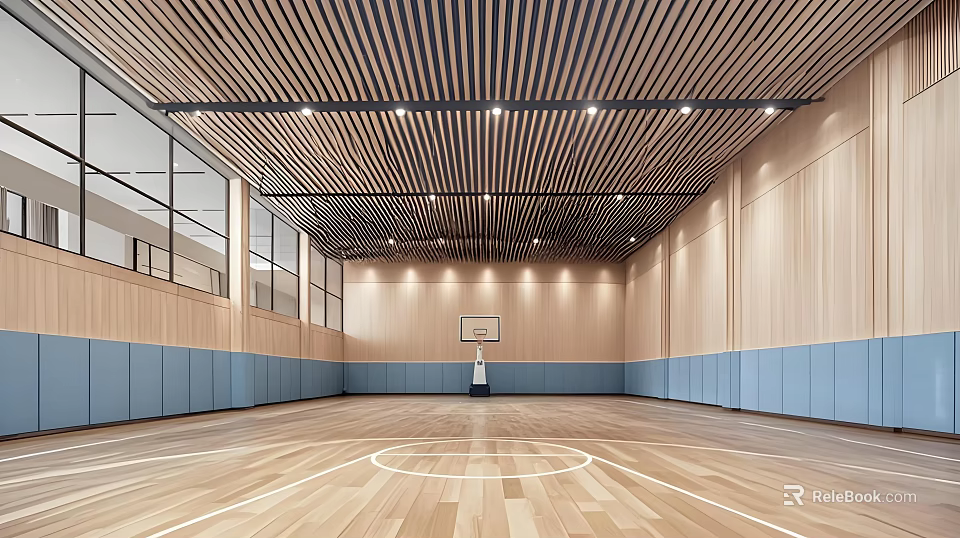Indoor Basketball Court Sports Equipment with Wooden Flooring and Backboard 3d model 