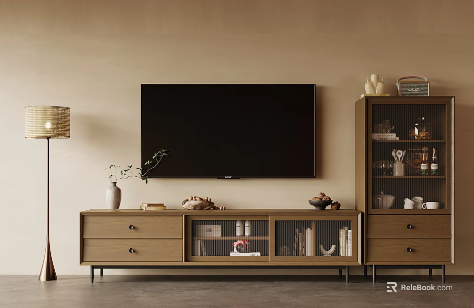 Modern Wooden TV Stand With Storage Drawers Open Shelves And Living Room Decorations 3d model 