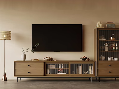 Modern Wooden TV Stand With Storage Drawers Open Shelves And Living Room Decorations 3d model