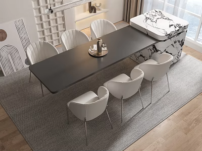 Modern Dining Table Set With Long Black Table Six White Chairs And Marble Side Table 3d model