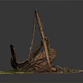 Rusted Metal Crane Arm With Coiled Ropes Wooden Planks On Mossy Ground