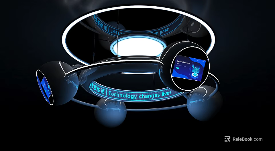 Futuristic Circular Illuminated Structure With Digital Screens And Technology Elements 3d model 