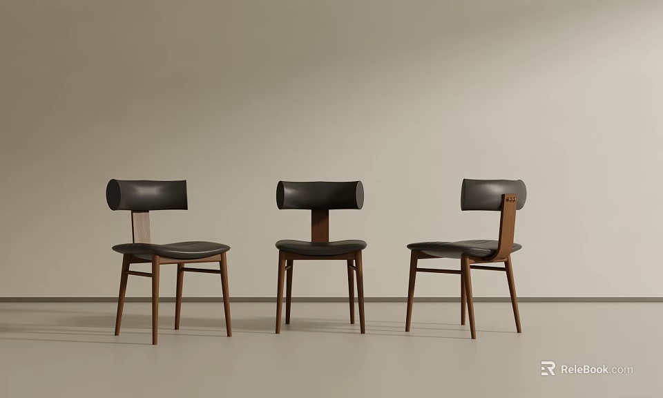Three Modern Black Dining Chairs With Wooden Legs And Leather Seats 3d model 