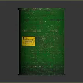 Industrial Green Metal Barrel With Yellow Label And Ribbed Surface