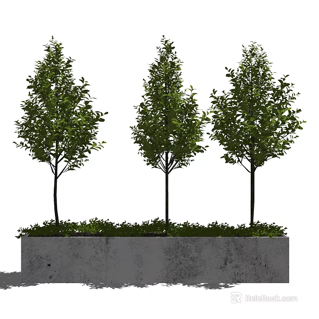 Green Flower Bed Design With Three Trees Green Grass And Concrete Structure 3d model 