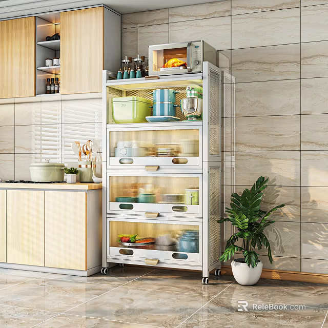 Kitchen Storage Cabinet Rack With Multi tier Shelves And Drawers For Organizing Supplies 3d model 