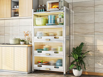 Kitchen Storage Cabinet Rack With Multi tier Shelves And Drawers For Organizing Supplies 3d model