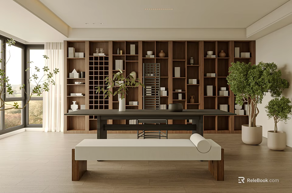 Modern Study Room Interior With Wooden Bookshelves Books Decorative Items Long Table Bench And Plants 3d model 